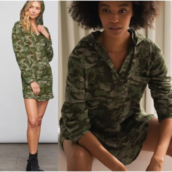NEW Sundays Lucia Camouflage Gauze V Neck Hoodie Dress Green Size: 1 - Picture 7 of 7